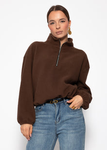 Oversized fleece sweatshirt with zipper - brown