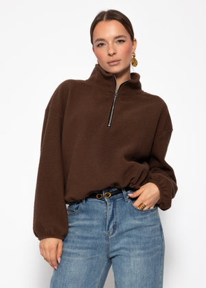 Oversized fleece sweatshirt with zipper - brown