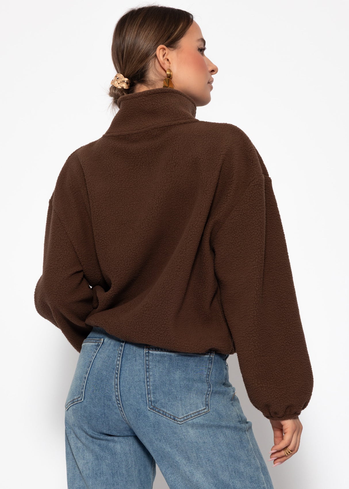 Oversized fleece sweatshirt with zipper - brown