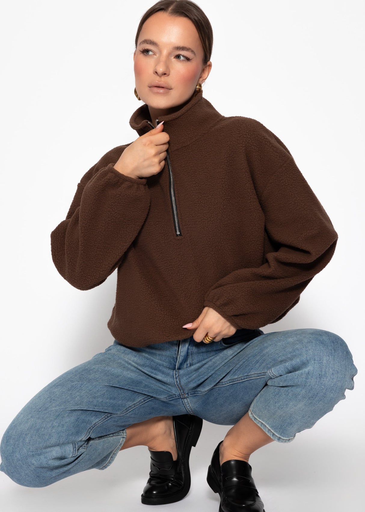 Oversized fleece sweatshirt with zipper - brown