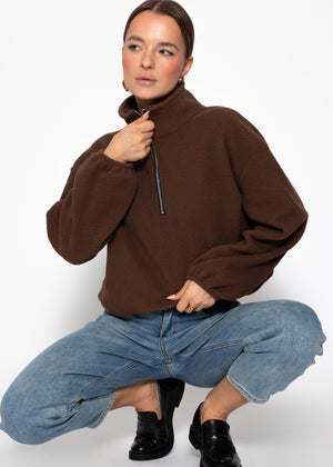 Oversized fleece sweatshirt with zipper - brown
