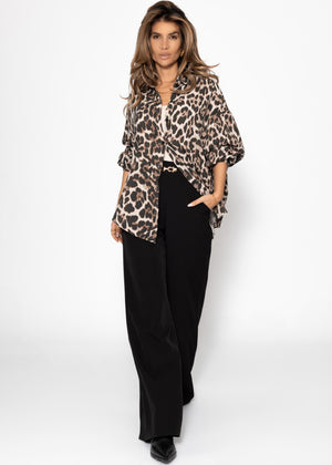 Oversize Musselin Bluse mit Leo-Print - hellbeige