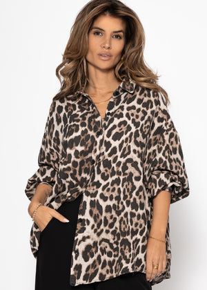 Oversize Musselin Bluse mit Leo-Print - hellbeige