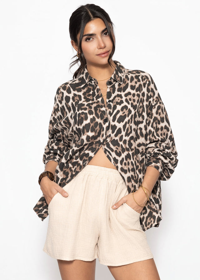 Oversize Musselin Bluse mit Leo-Print - hellbeige