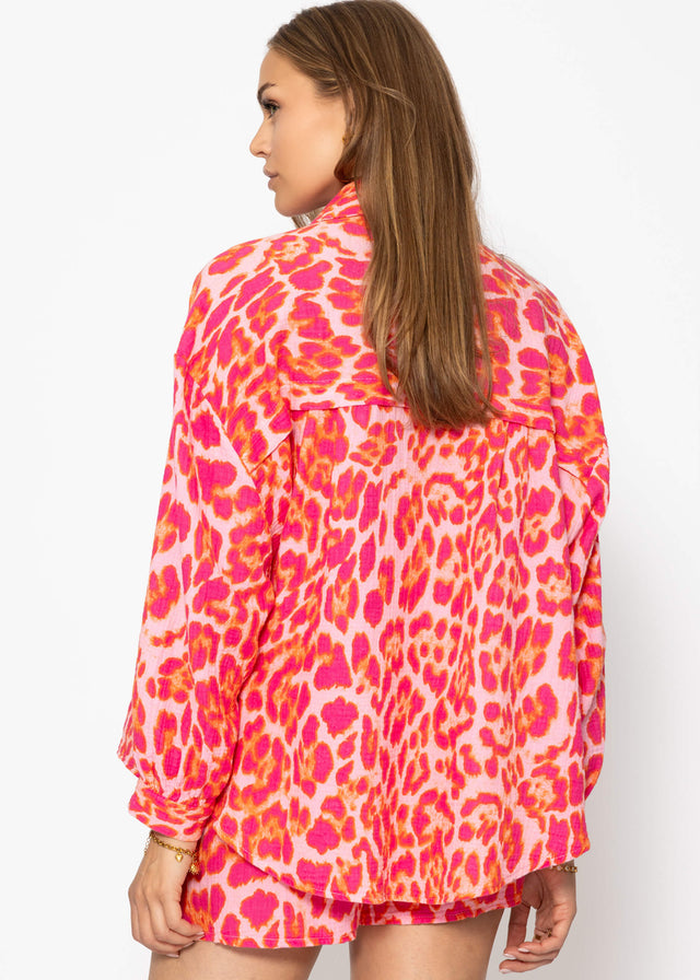 Oversize muslin blouse with leo print - pink
