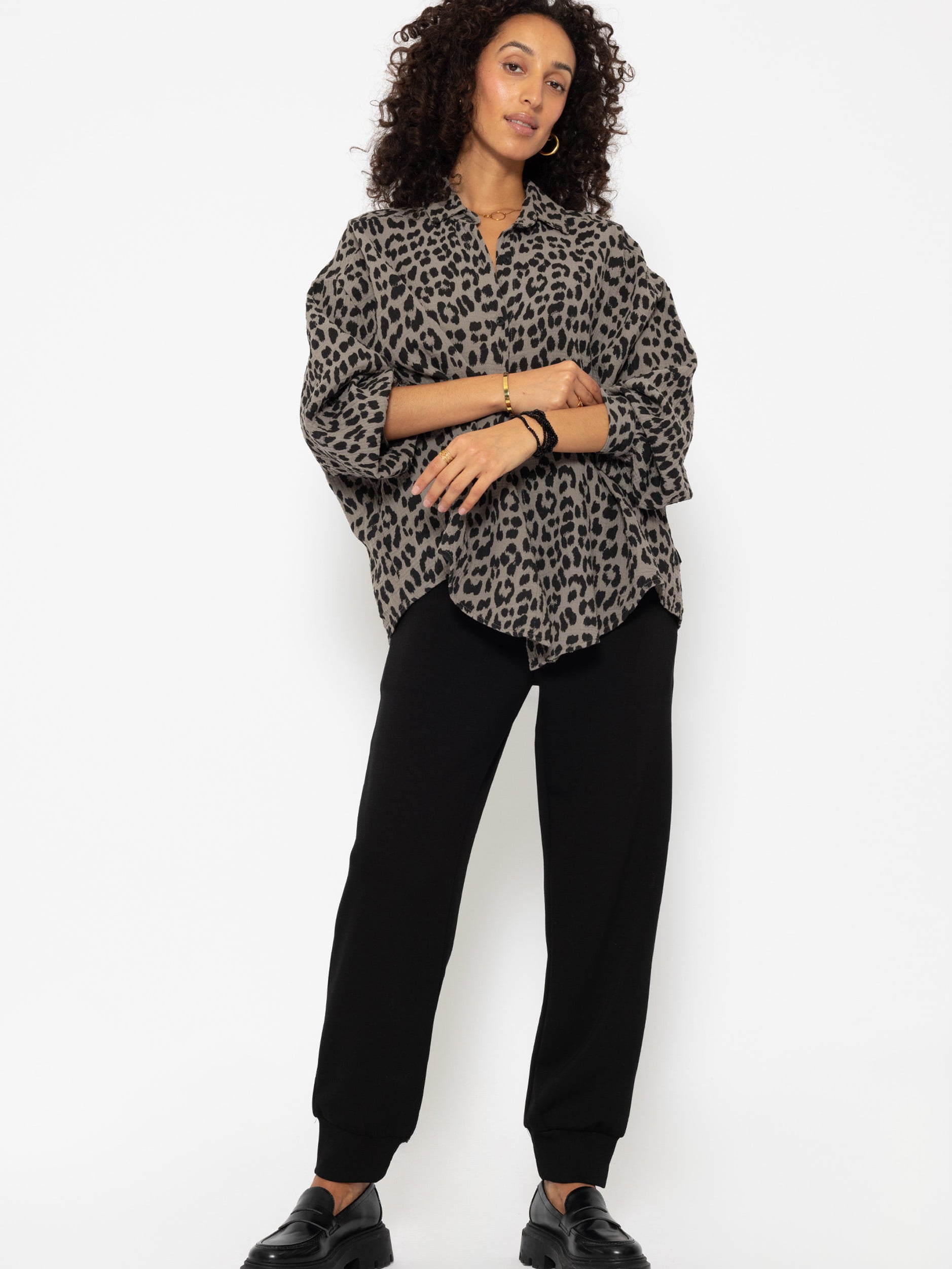 Oversized muslin blouse with leopard print - taupe