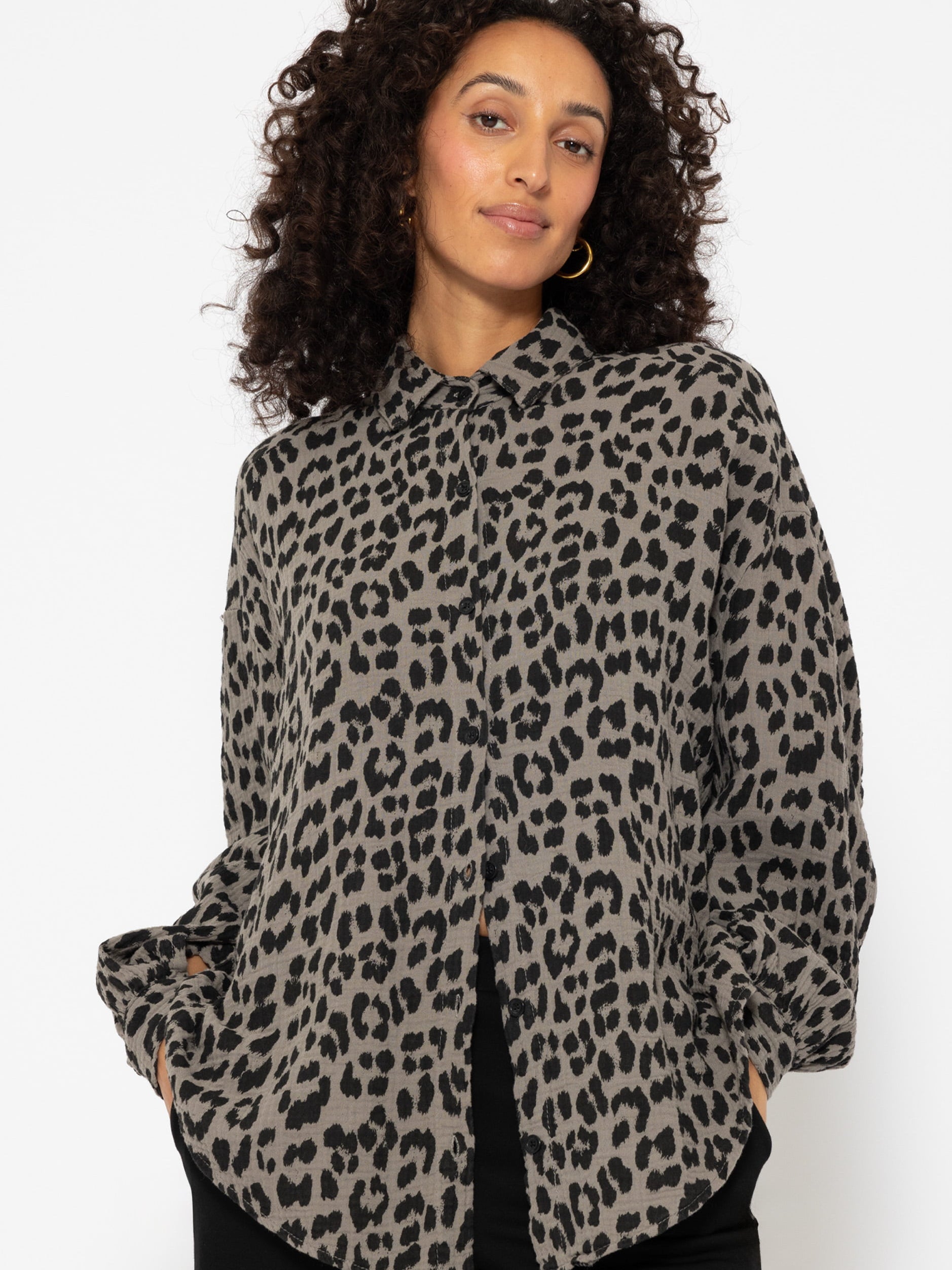 Oversized muslin blouse with leopard print - taupe