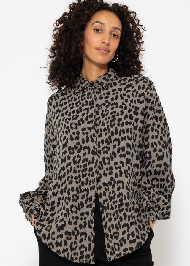 Oversized muslin blouse with leopard print - taupe