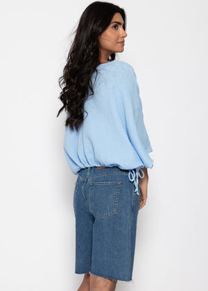Oversized muslin shirt with drawstring - light blue