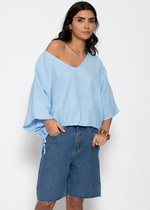 Oversized muslin shirt with drawstring - light blue