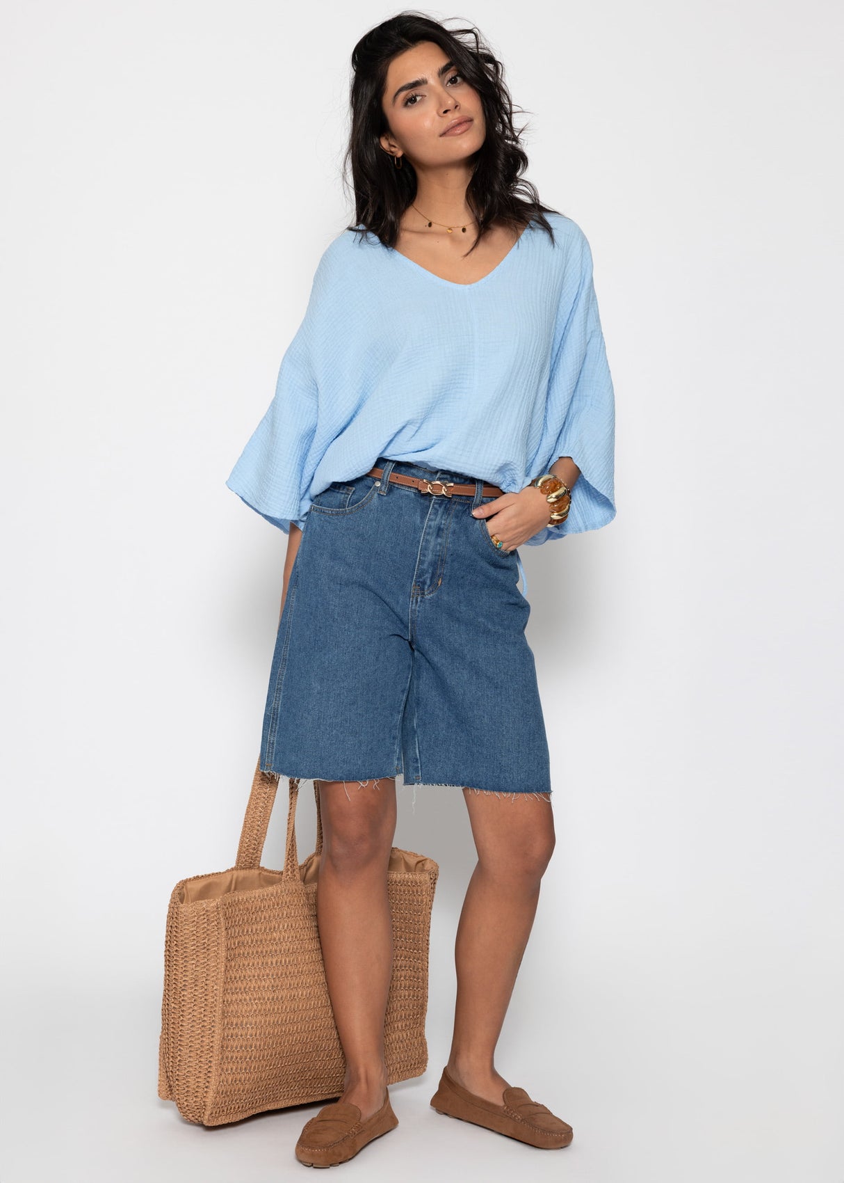 Oversized muslin shirt with drawstring - light blue