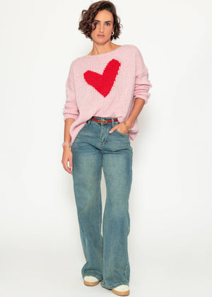 Oversize Pullover mit rotem Herz - rosa