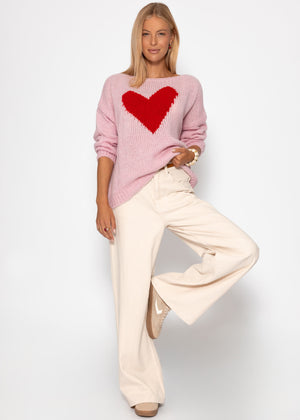 Oversize sweater with red heart - pink