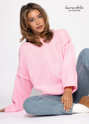 Oversize-Pullover mit Rundhalsausschnitt - rosa