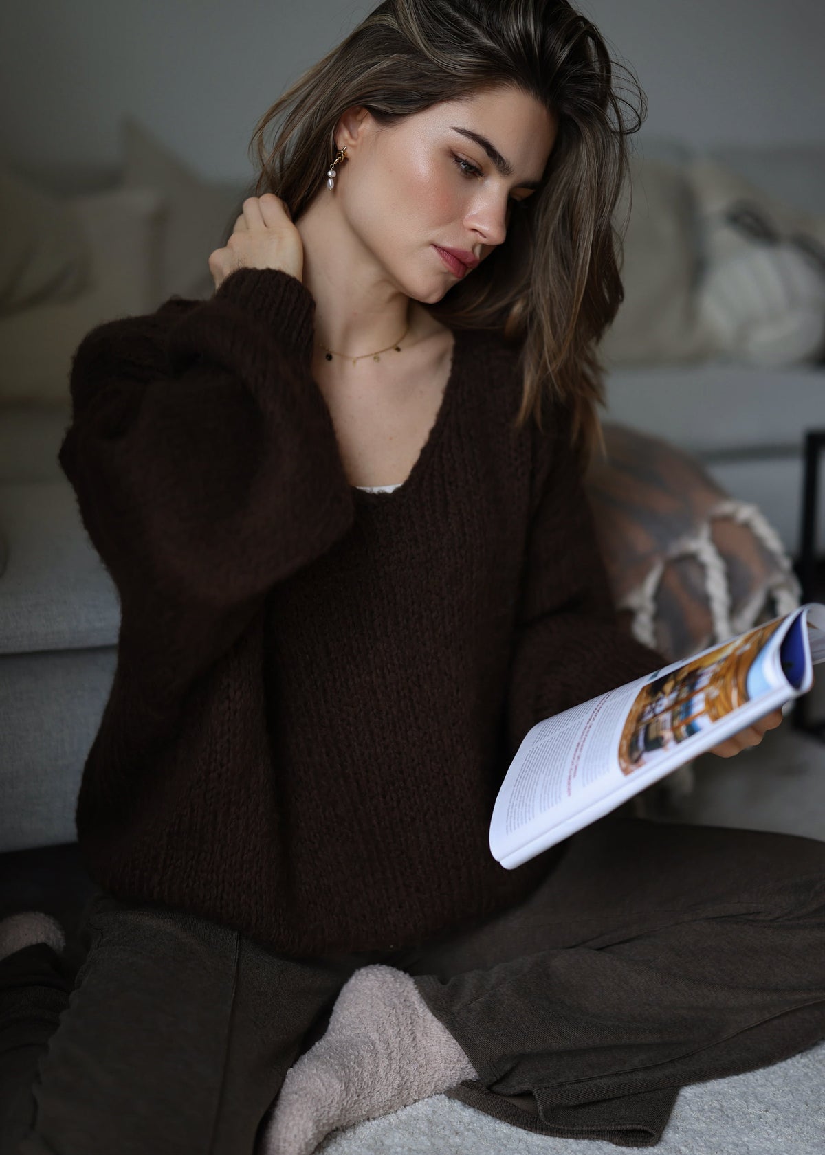 Oversize Pullover mit V-Ausschnitt - braun