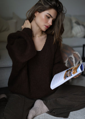 Oversize Pullover mit V-Ausschnitt - braun
