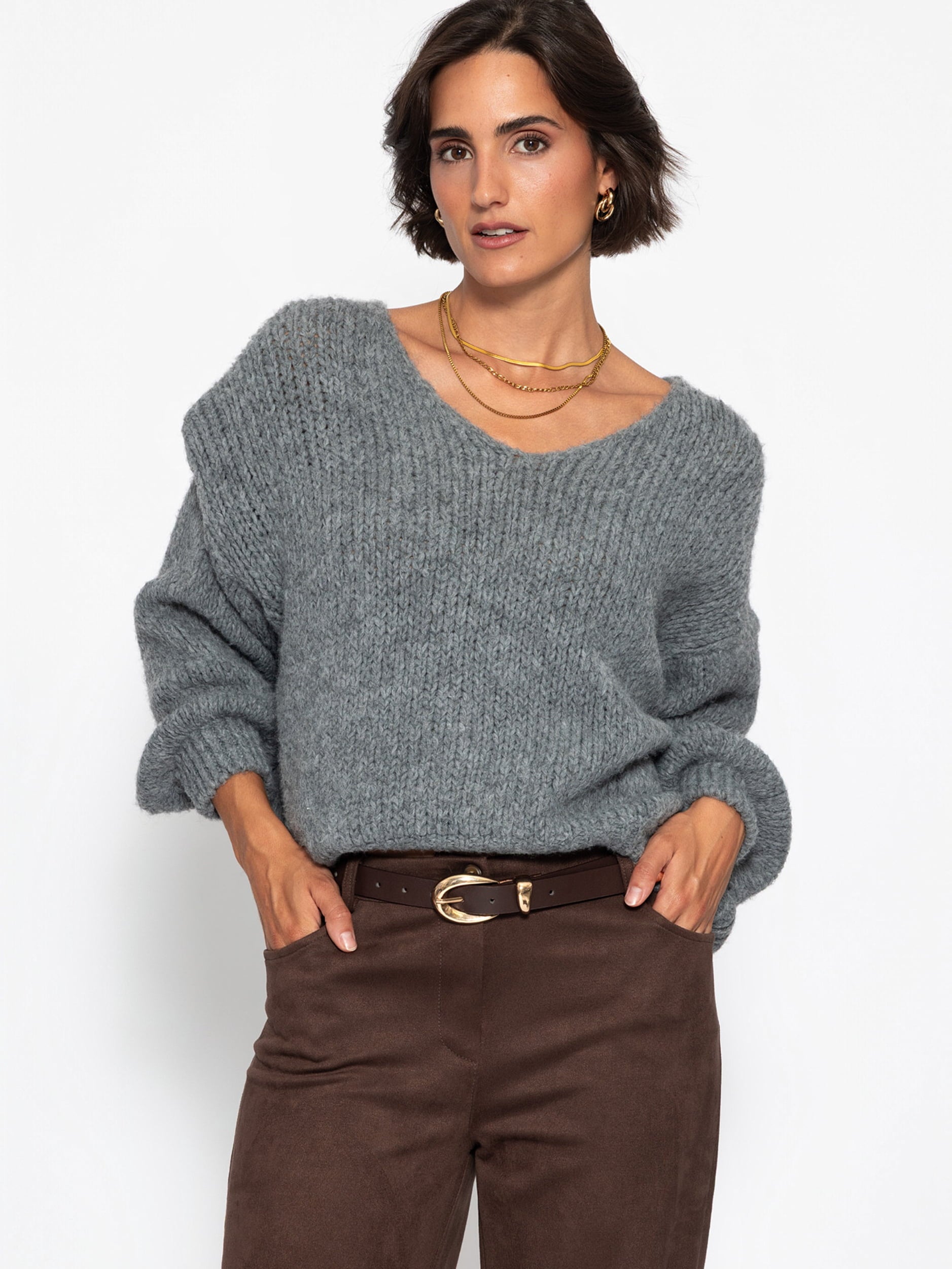 Oversize Pullover mit V-Ausschnitt - dunkelgrau