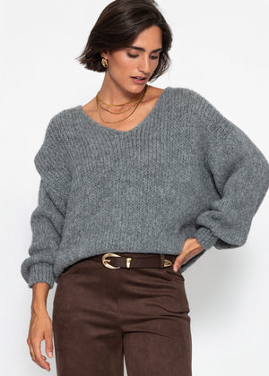 Oversize Pullover mit V-Ausschnitt - dunkelgrau