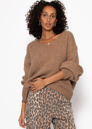 Oversize Pullover mit V-Ausschnitt - hellbraun
