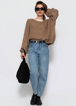 Oversize Pullover mit V-Ausschnitt - hellbraun