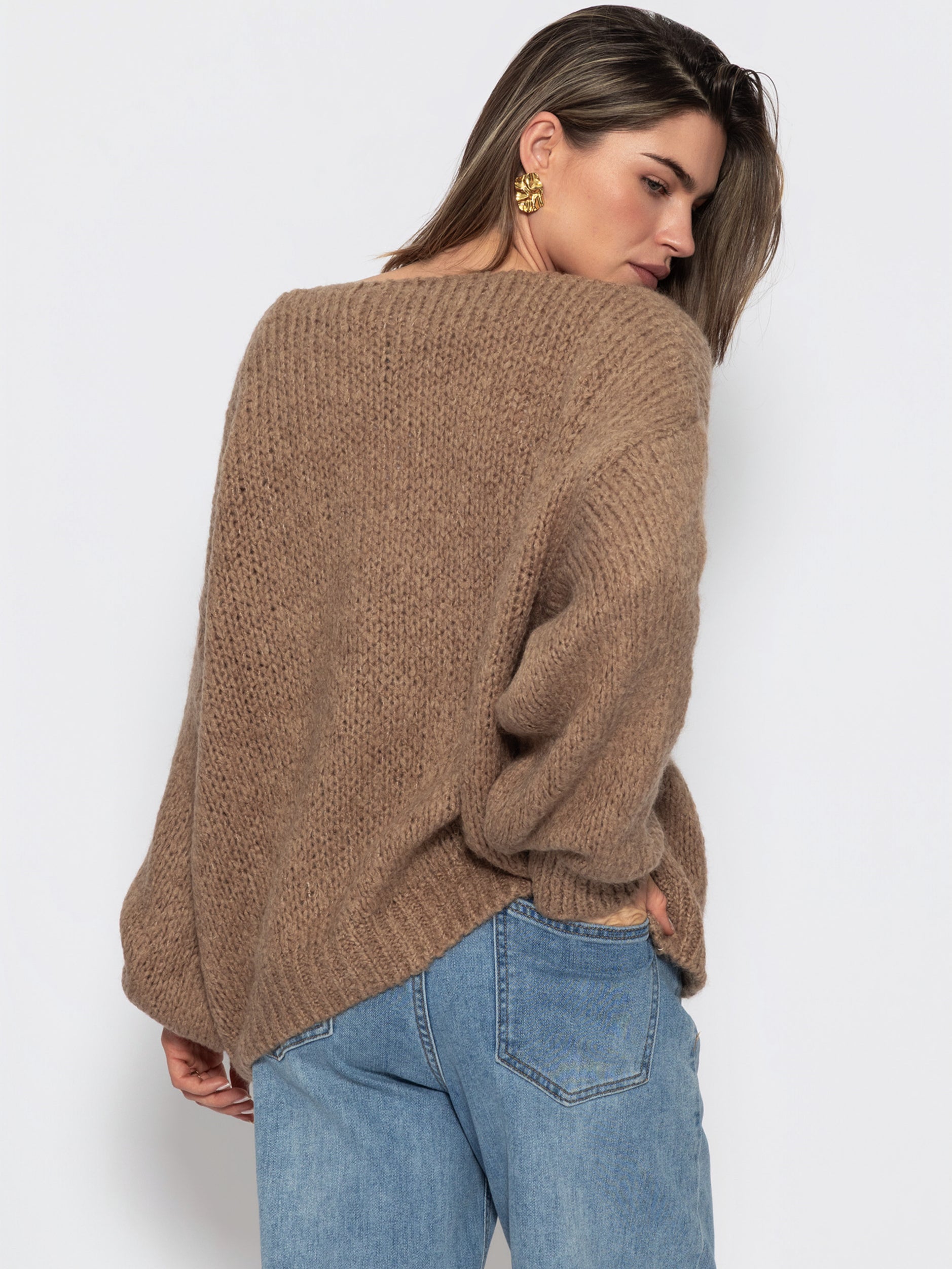 Oversize Pullover mit V-Ausschnitt - hellbraun