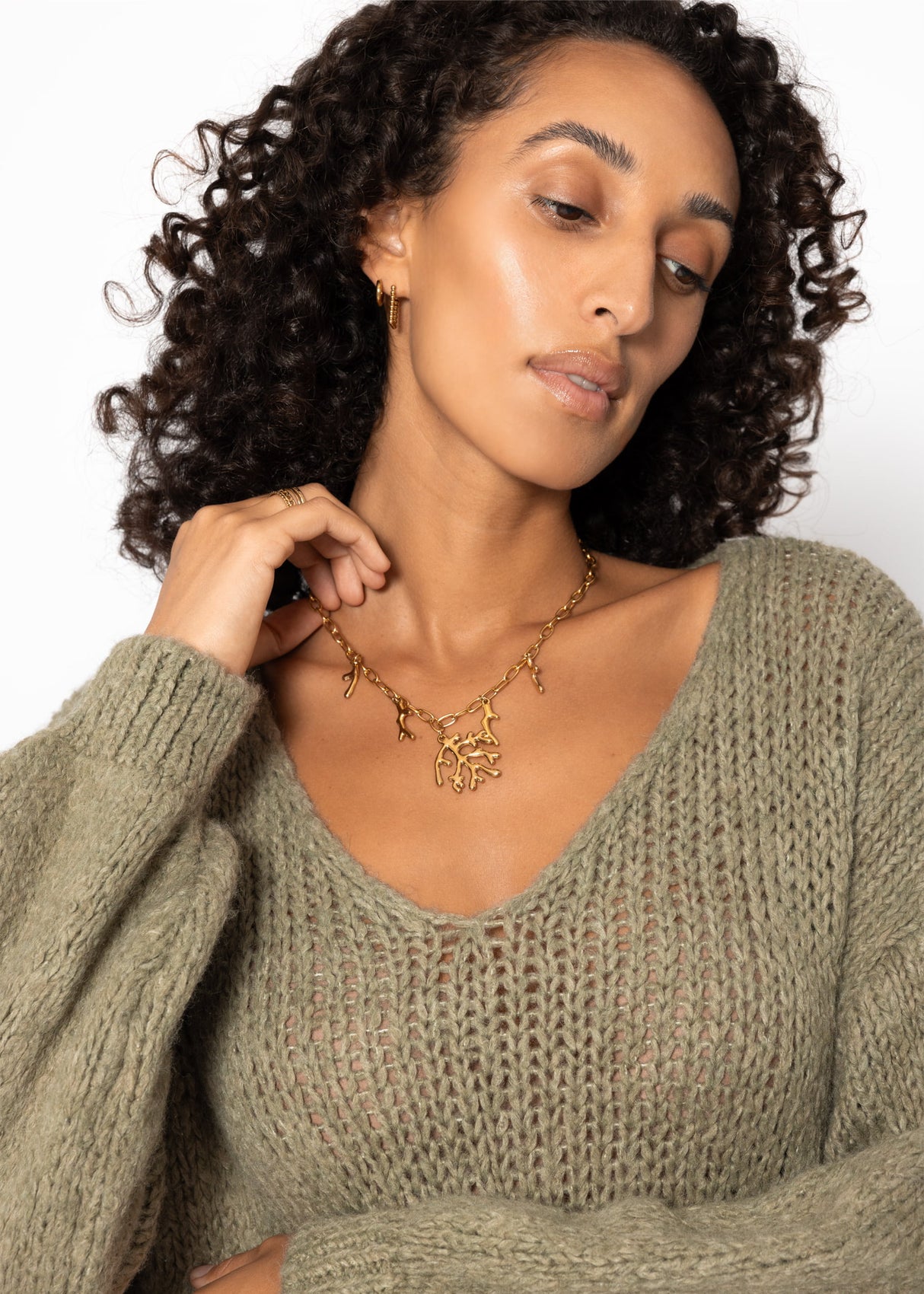Oversized V-neck sweater - khaki