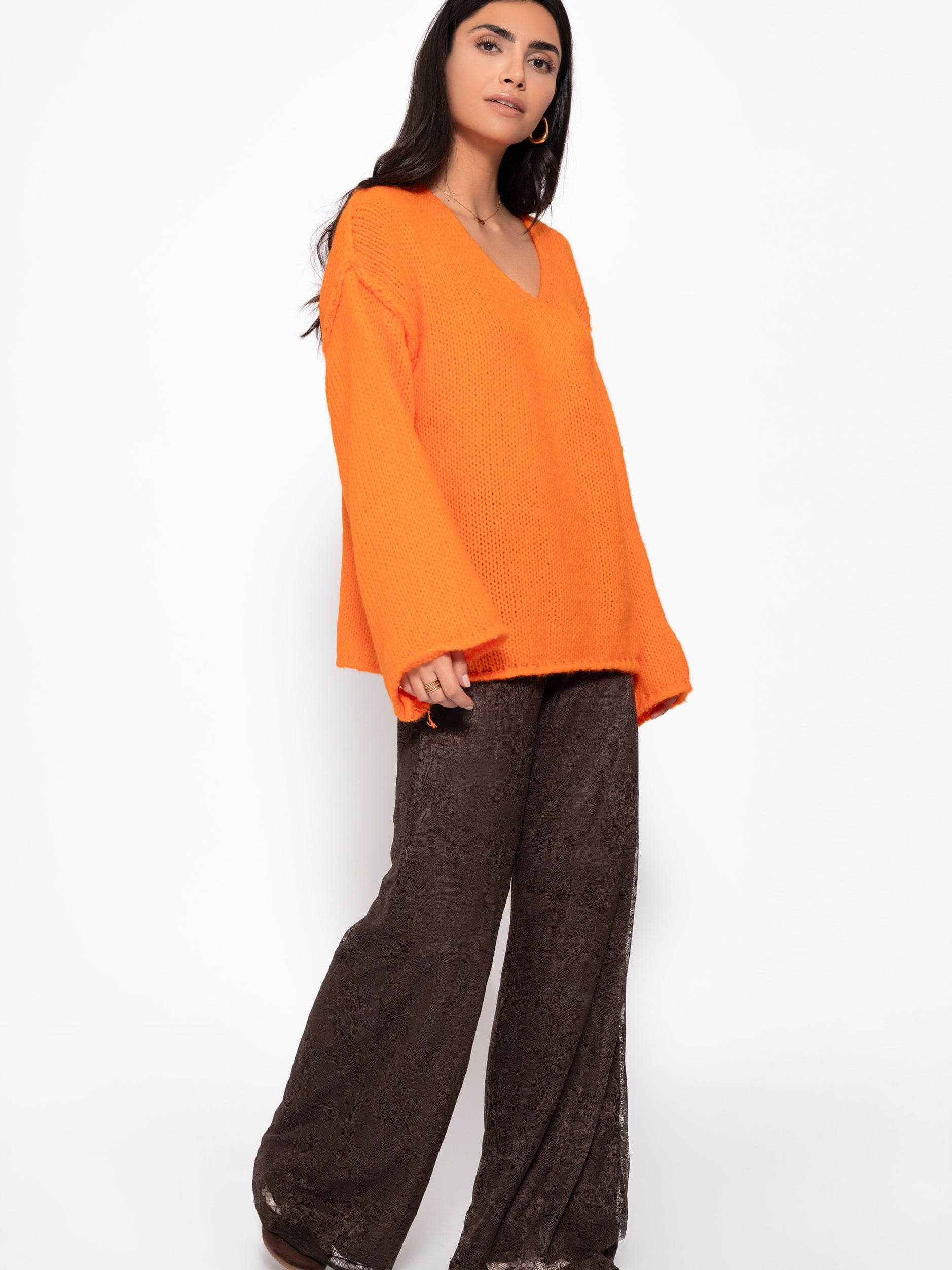 Oversize Pullover mit V-Neck und weiten Ärmeln - orange