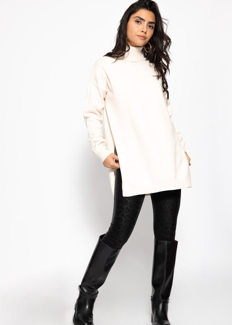 Oversized roll neck jumper with long side slits - off-white