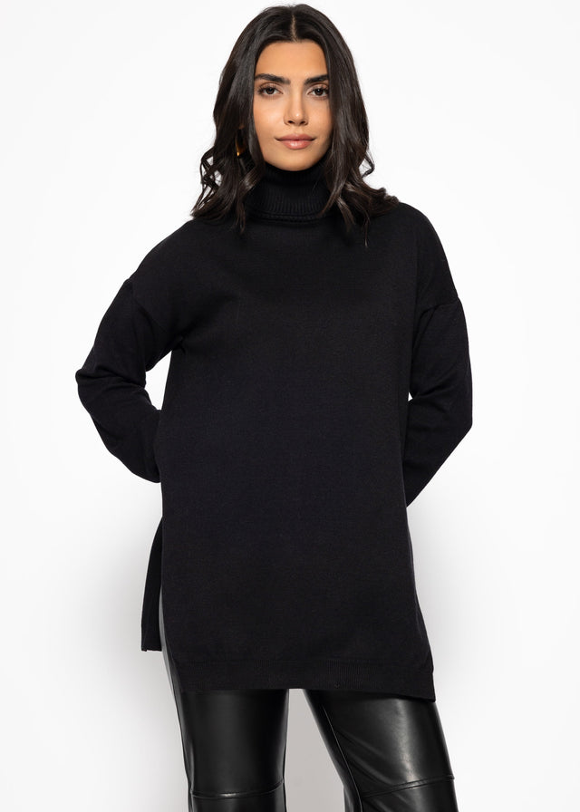 Oversized roll neck jumper with long side slits - black