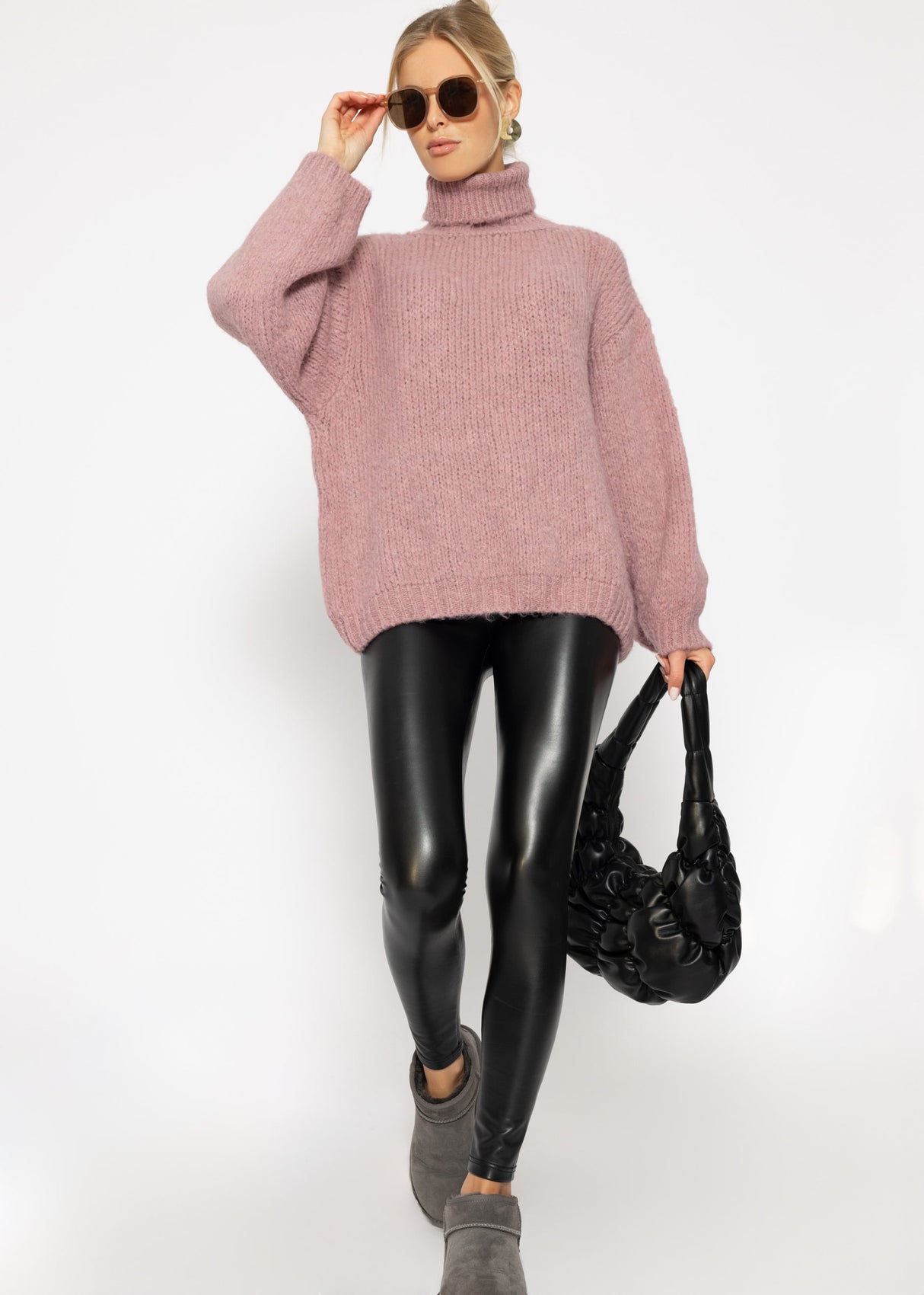 Oversize Rollkragenpullover - puderrosa