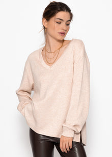 Oversize soft sweater with deep V-neck - beige