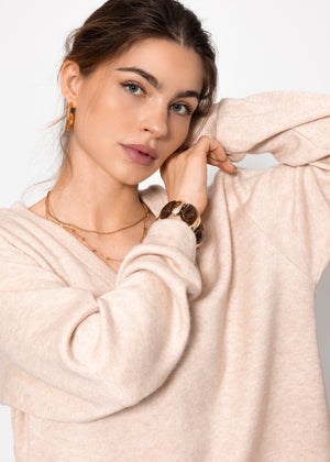 Oversize soft Sweater mit tiefem V-Ausschnitt - beige