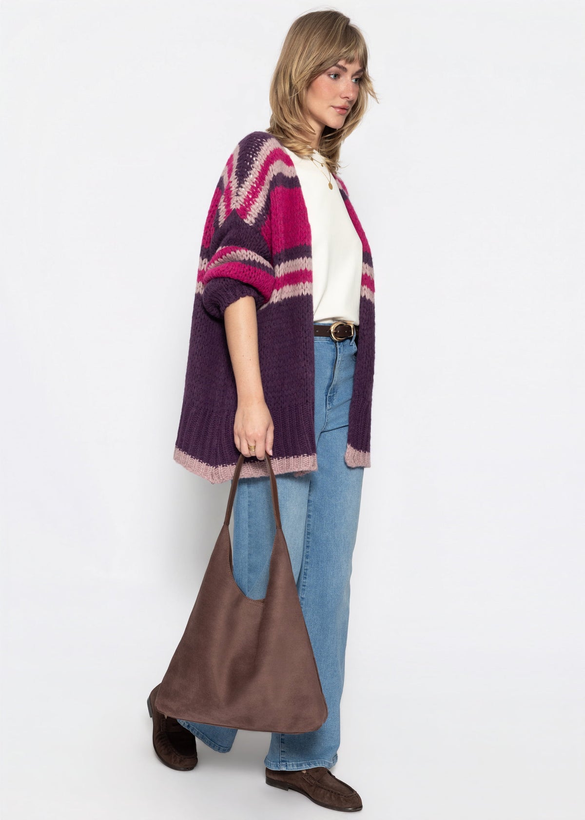 Oversized cardigan with stripes - plum