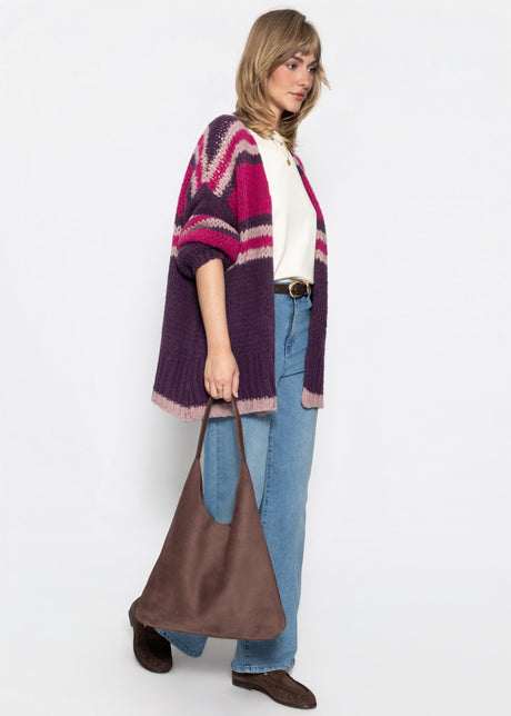 Oversized cardigan with stripes - plum