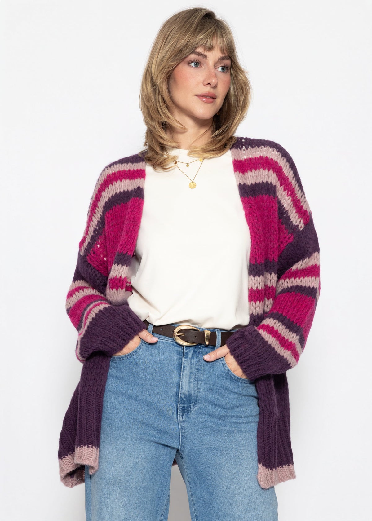 Oversize Strickjacke mit Streifen - pflaume