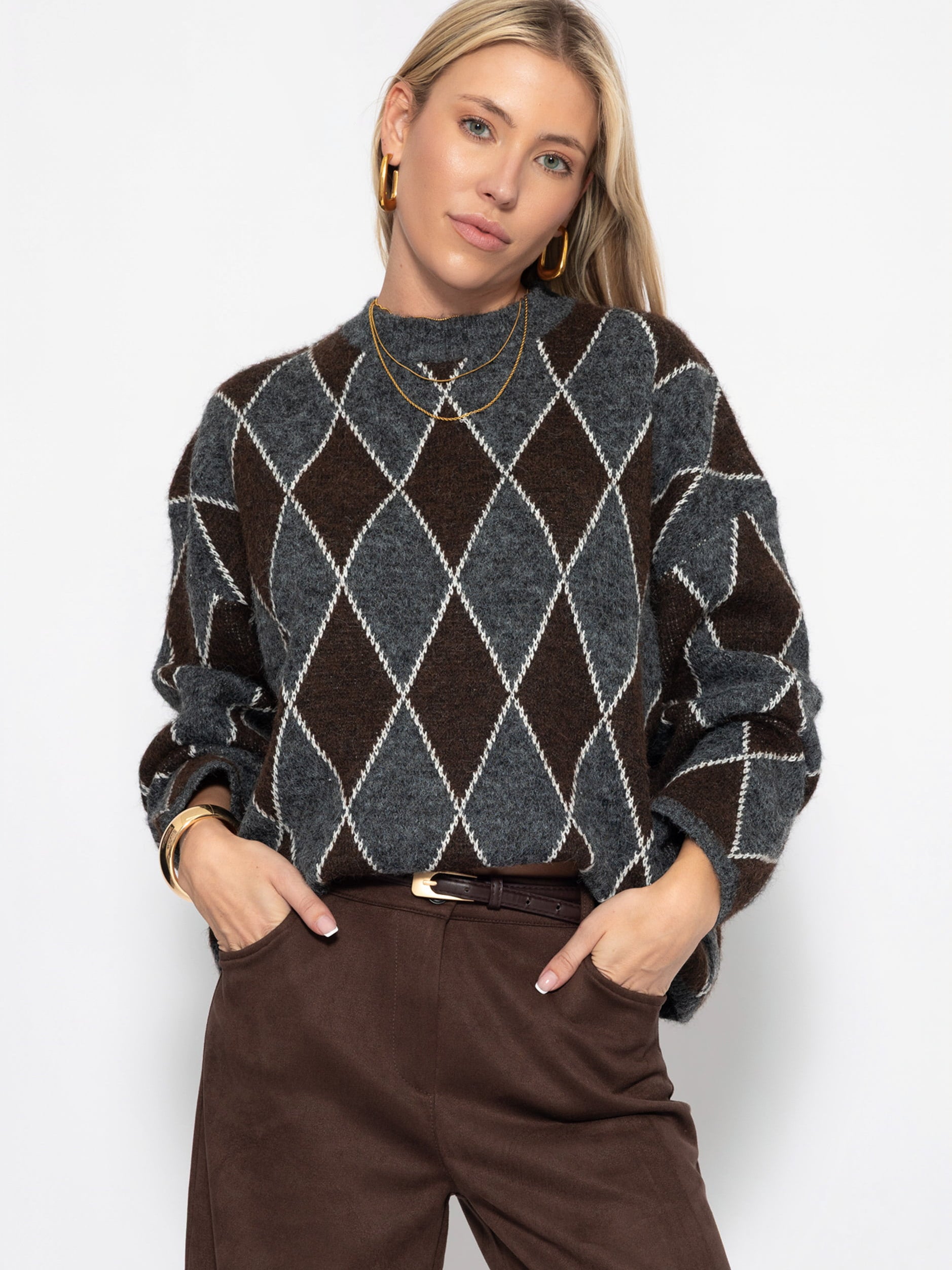 Oversize Strickpullover mit Rautenmuster - grau-braun