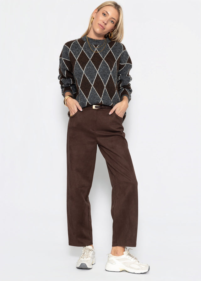Oversize Strickpullover mit Rautenmuster - grau-braun