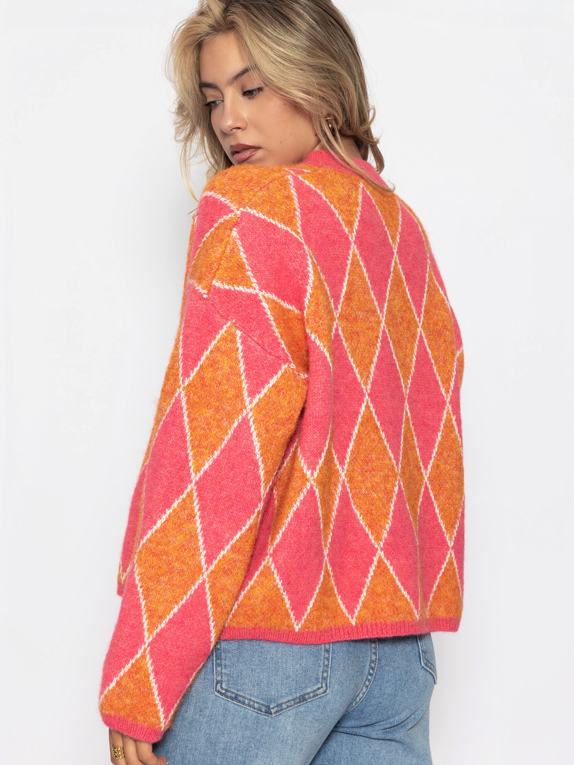 Oversize Strickpullover mit Rautenmuster - pink-orange