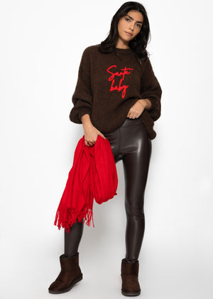 Oversize Strickpullover mit Stickerei - braun