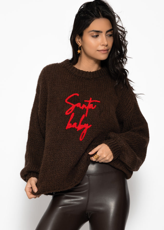 Oversize Strickpullover mit Stickerei - braun
