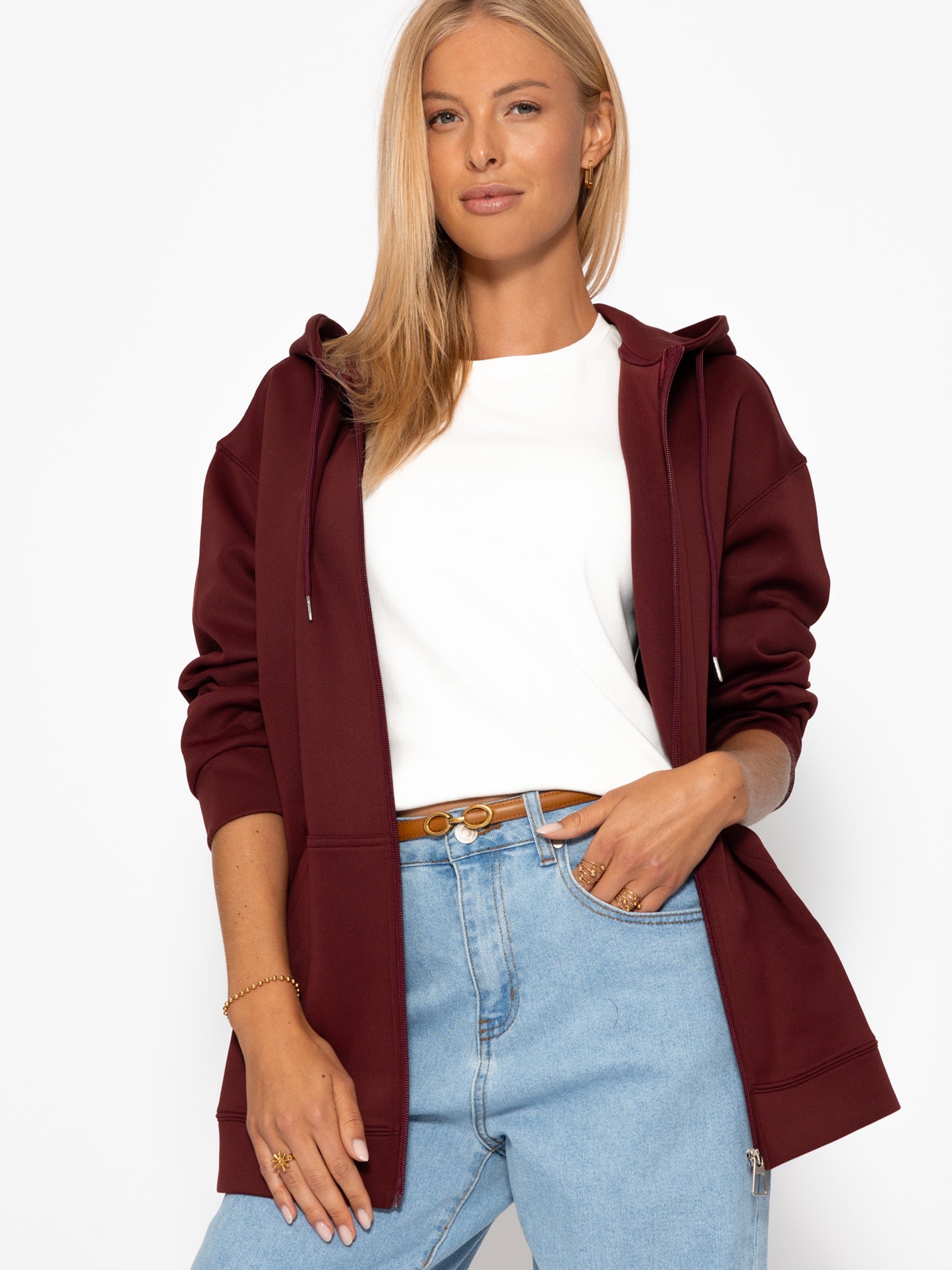 Oversize Sweatjacke mit Kapuze - burgundy