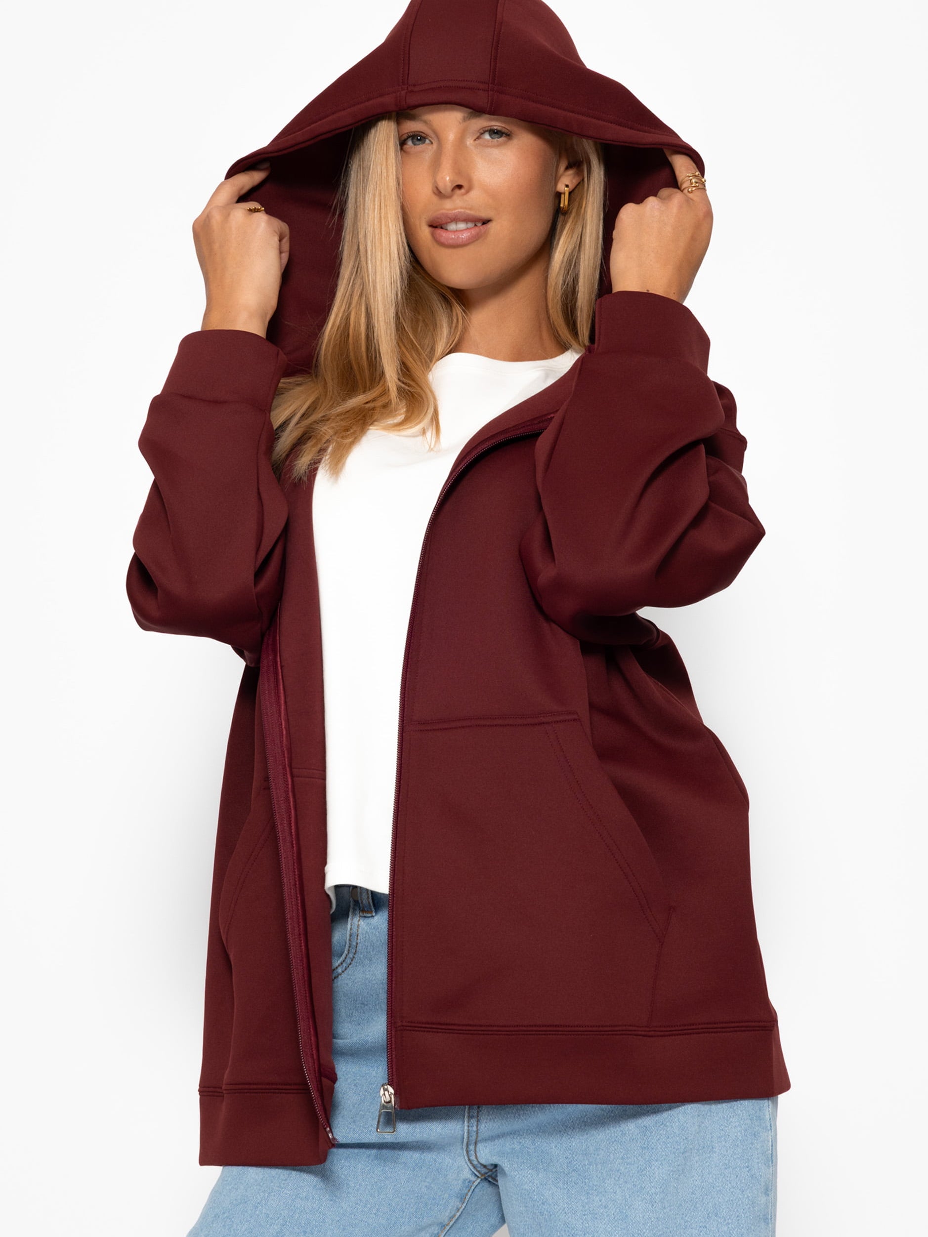 Oversize Sweatjacke mit Kapuze - burgundy
