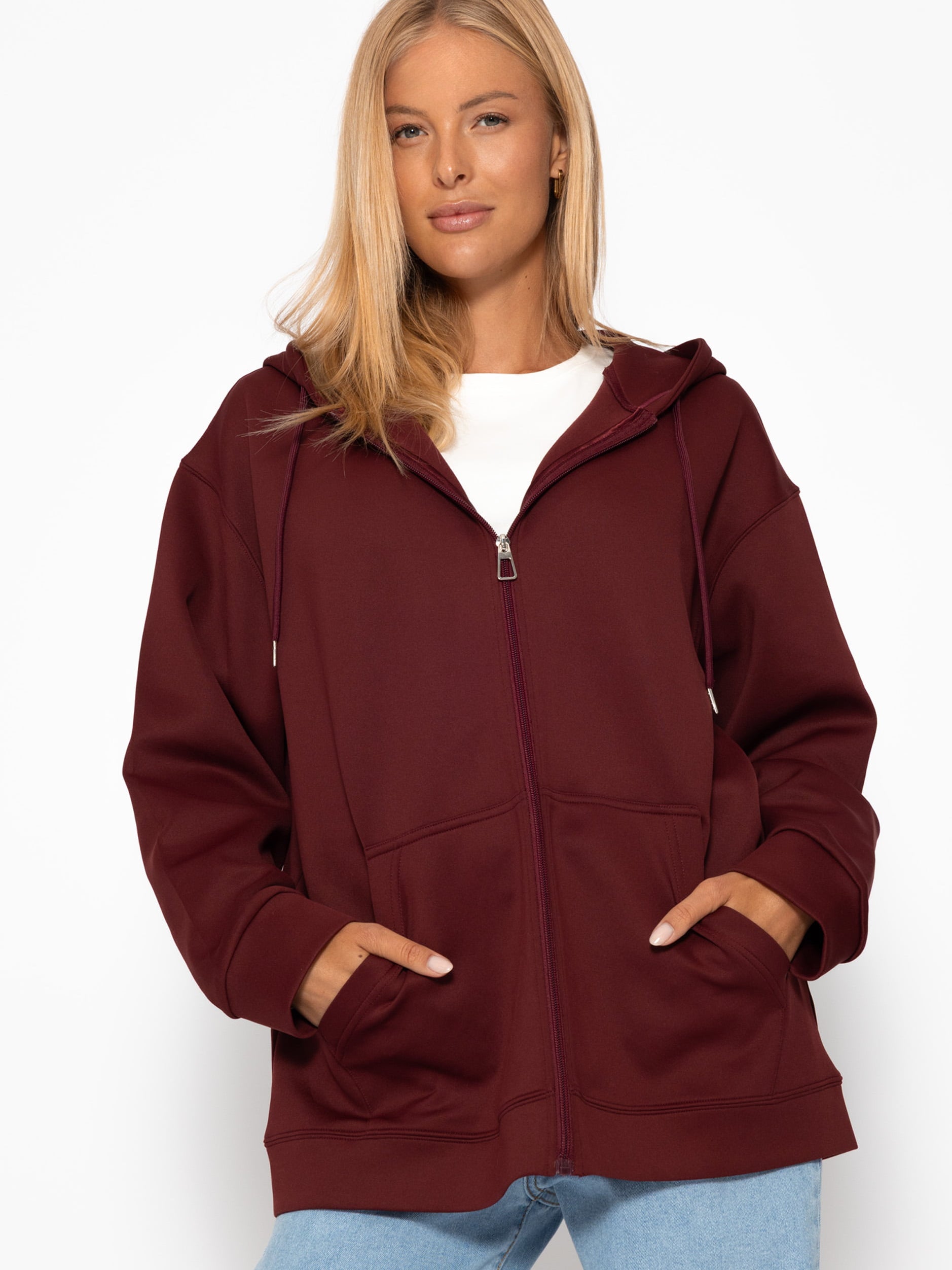 Oversize Sweatjacke mit Kapuze - burgundy