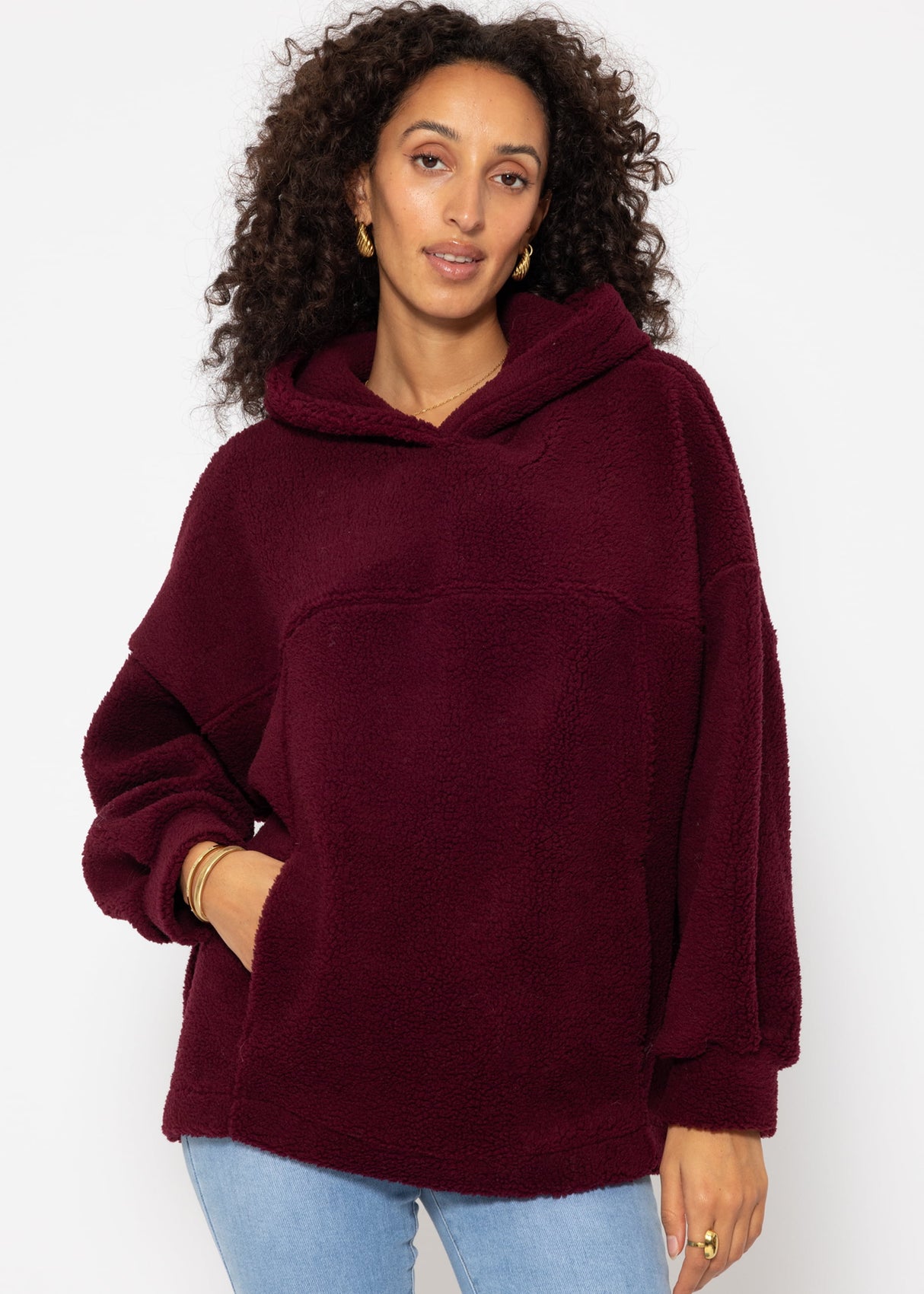 Oversize teddy sweatshirt with hood - burgundy