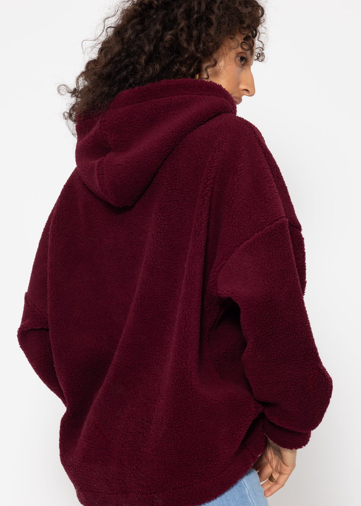 Oversize teddy sweatshirt with hood - burgundy