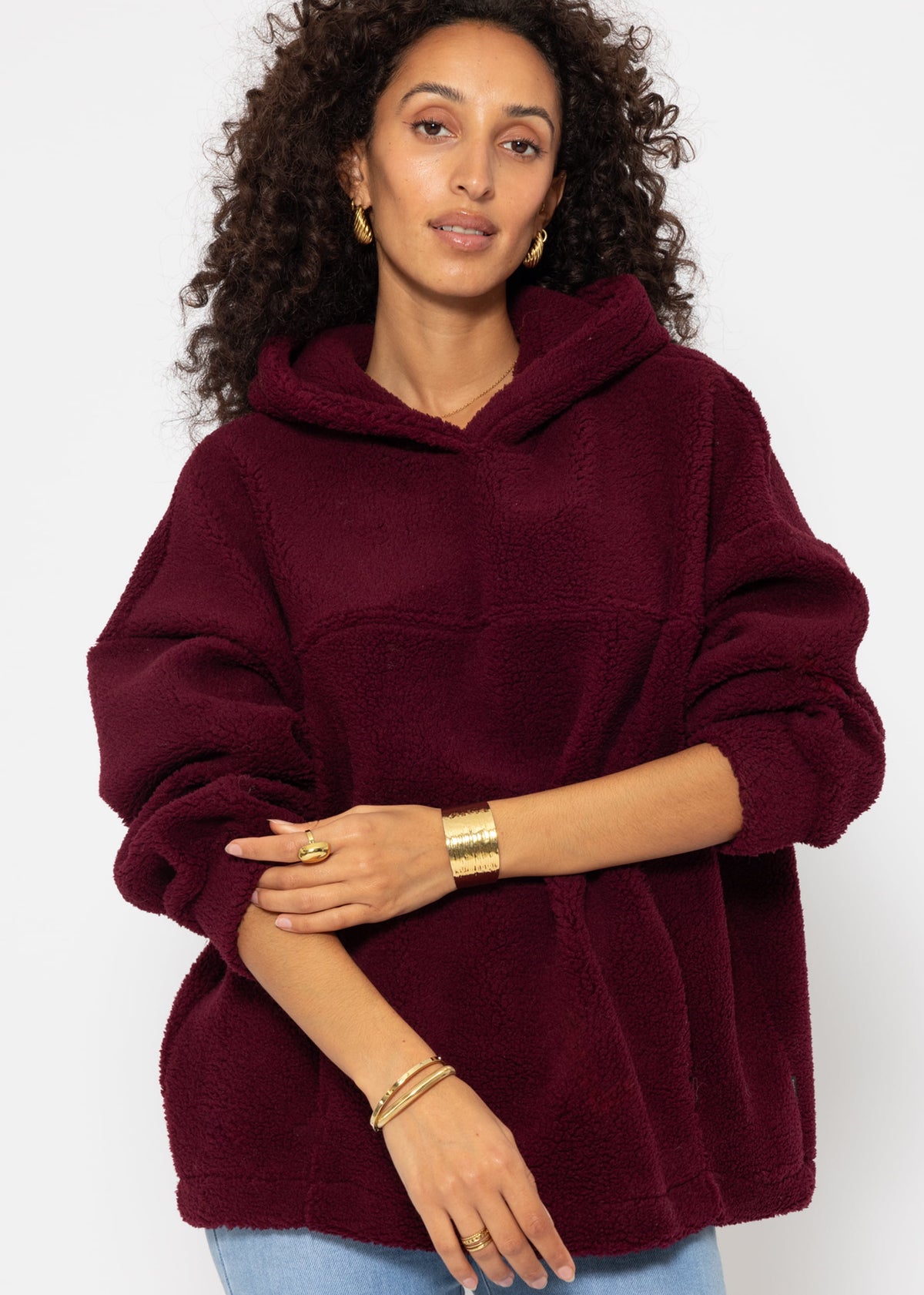 Oversize teddy sweatshirt with hood - burgundy