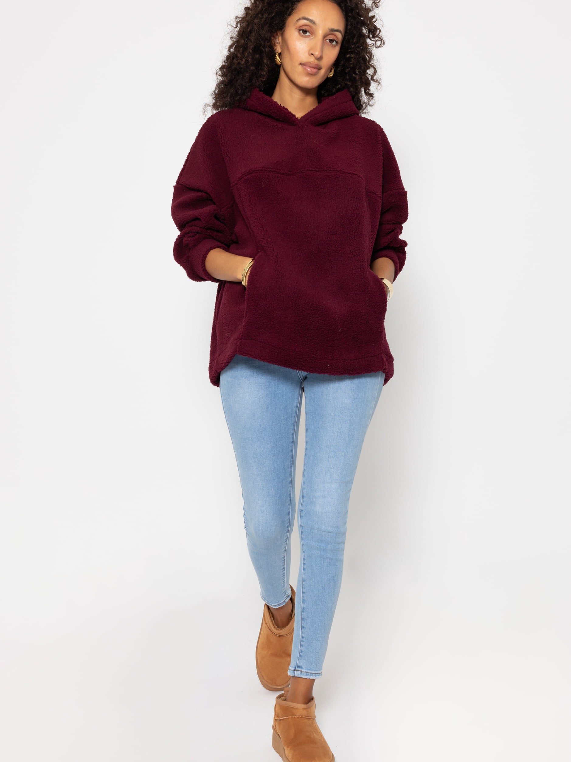 Oversized hooded teddy sweatshirt - burgundy