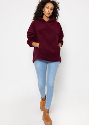 Oversize teddy sweatshirt with hood - burgundy