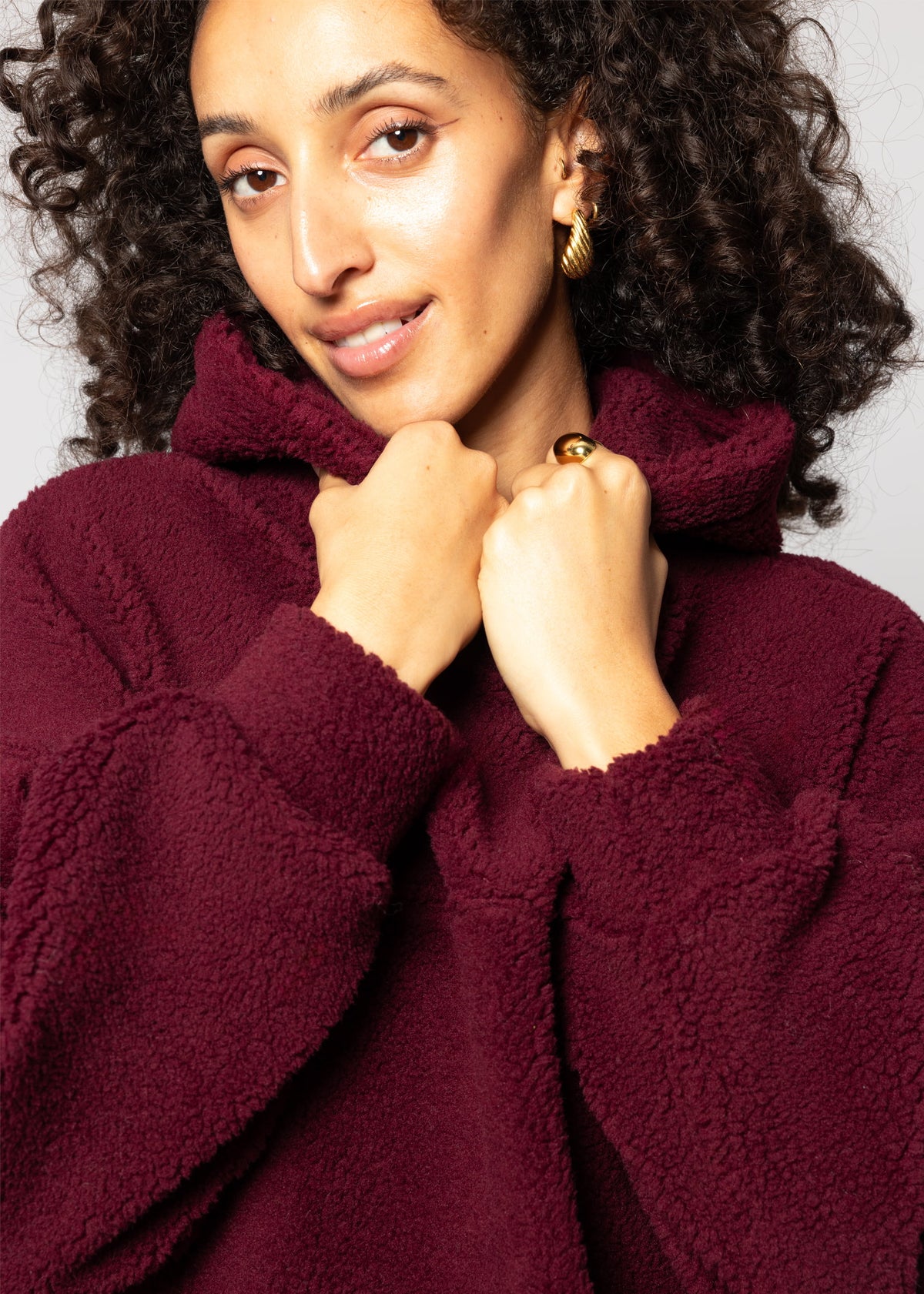 Oversize teddy sweatshirt with hood - burgundy