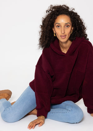 Oversize teddy sweatshirt with hood - burgundy